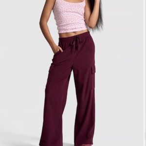 PINK MICRO FLEECE WIDE-LEG CARGO PANTS - S NWT